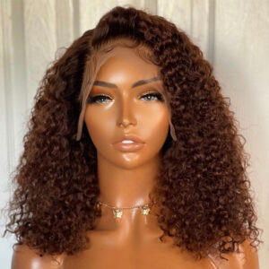 Chocolate Brown 13x4 Full Frontal Bob Jerry Curly 150% Density Wig Color #4
