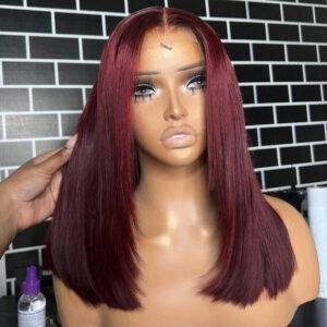 Peruvian Double Drawn Lace 4x4 Closure Bob Straight Wig #99J Maroon Color