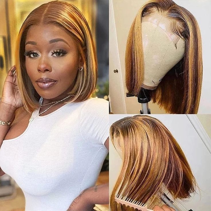 Peruvian Double Drawn Lace 4x4 Closure Bob Straight Wig #P4/27 Piano Color 1