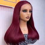 Peruvian Double Drawn Lace 13x4 Full Frontal Bob Straight Wig #99J Burgundy Color 1