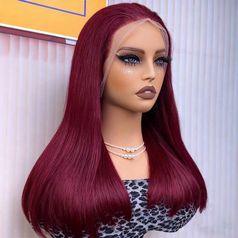 Peruvian Double Drawn Lace 13x4 Full Frontal Bob Straight Wig #99J Burgundy Color 1
