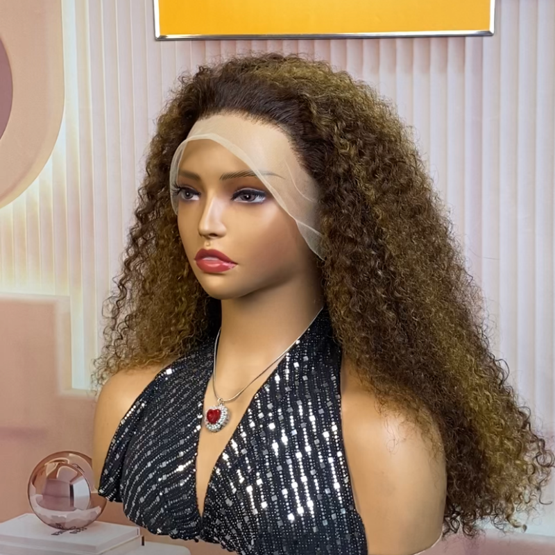 Peruvian Double Drawn 13x4 Lace Full Frontal Bob Jerry Curly Wig #P4/27 Piano Color 1