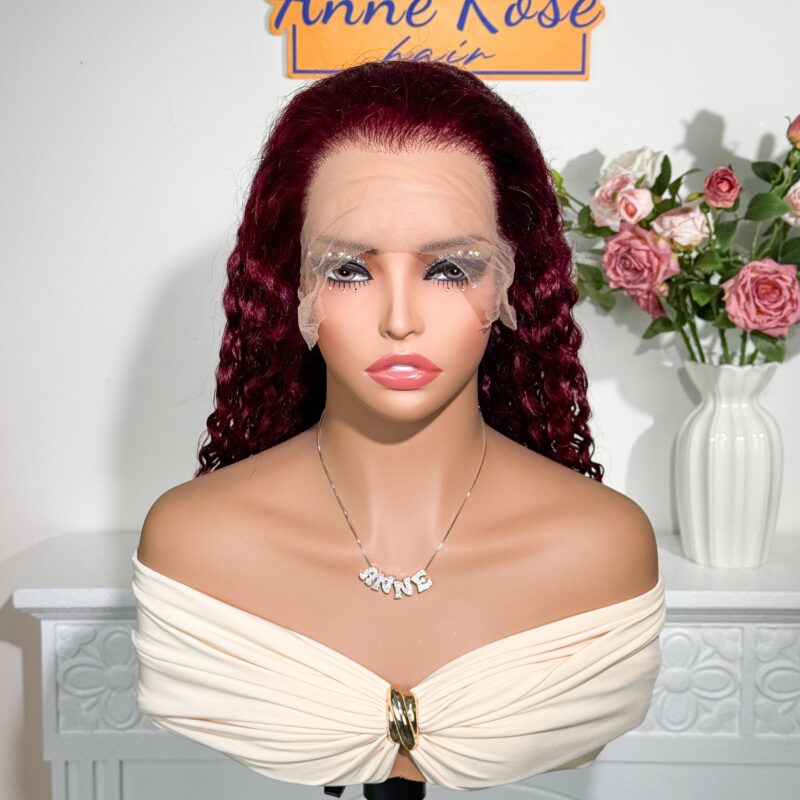 Peruvian Double Drawn Lace 13x4 Full Frontal Bob Water Wave Wig #99j Maroon Color 1