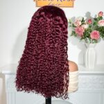 Peruvian Double Drawn Lace 13x4 Full Frontal Bob Water Wave Wig #99j Maroon Color 4