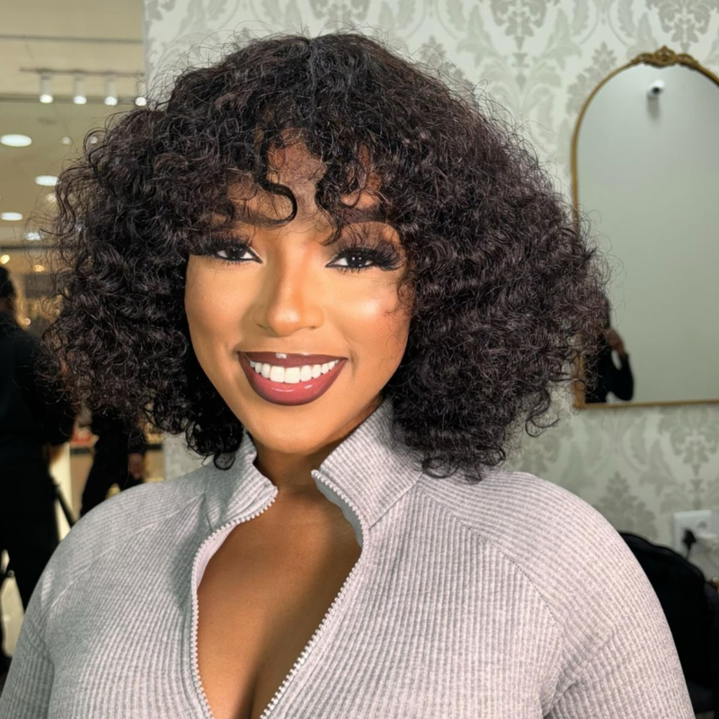 SPECIAL| Peruvian Human Hair Jerry Curly Fringe Bob Wig with Bangs 1